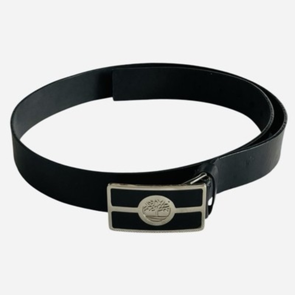 Timberland Mens Black Leather Belt Silver Logo Plaque Buckle Casual Size 40/100 - Picture 4 of 4